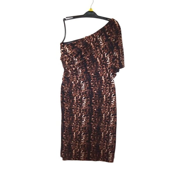CALVIN Klein Single Shoulder Ruched Flutter Sleeve Animal Print Mini Dress Sz 6 - Picture 1 of 5